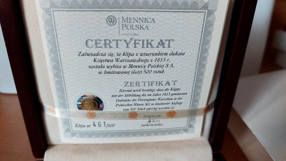 Klipa z wizerunkiem dukata Księstwa Warszawskiego  z 1913 roku

   emi