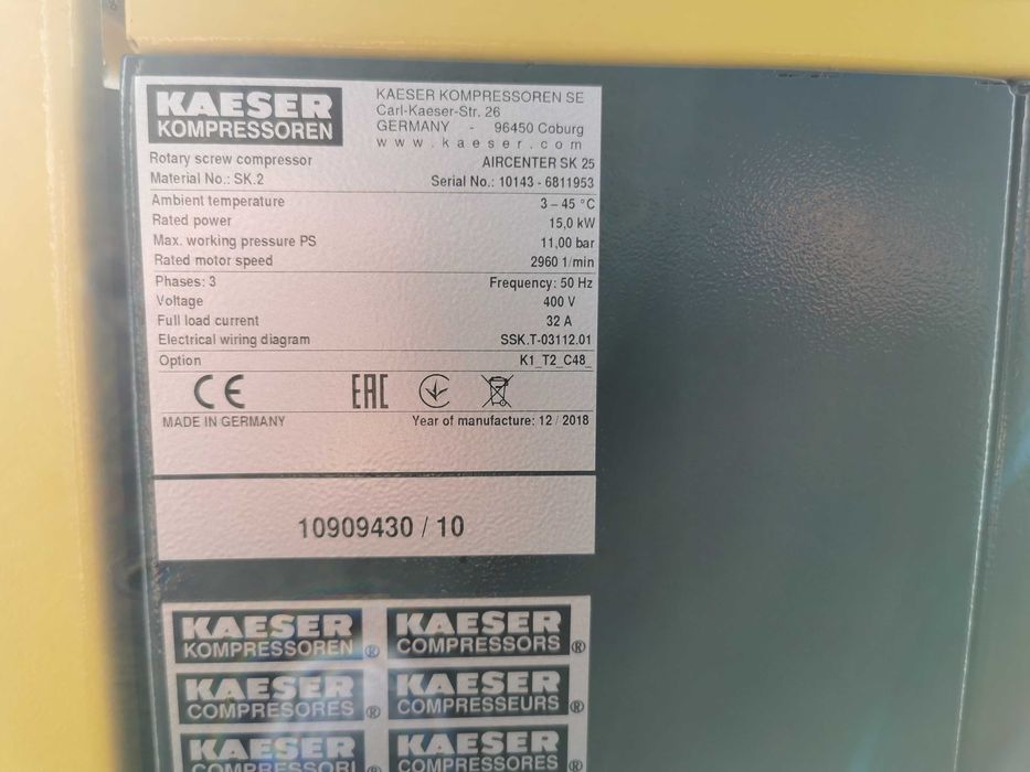 2018r 15kw Sprężarka śrubowa 2300L/min KAESER SK25 +OSUSZACZ KOMPLET
