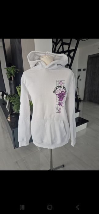 Biała bluza z kapturem oversize japan style bluza z nadrukiem Bershka