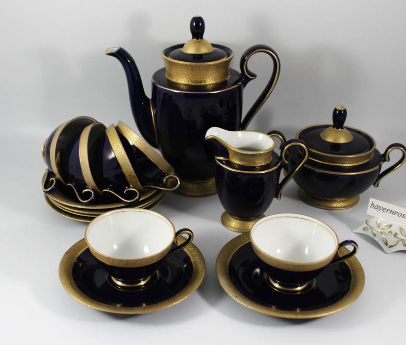 Porcelana Turyngia ILMENAU ECHT Kobalt Złocony serwis MOKKA
