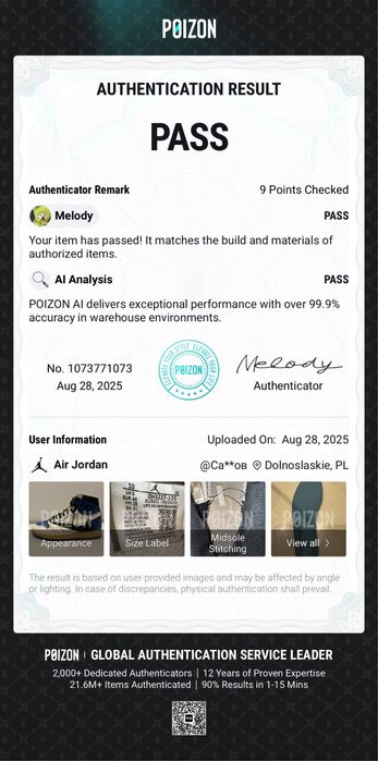 Certyfikat autentyczności Nike Air Jordan 1 High Fragment Travis Scott