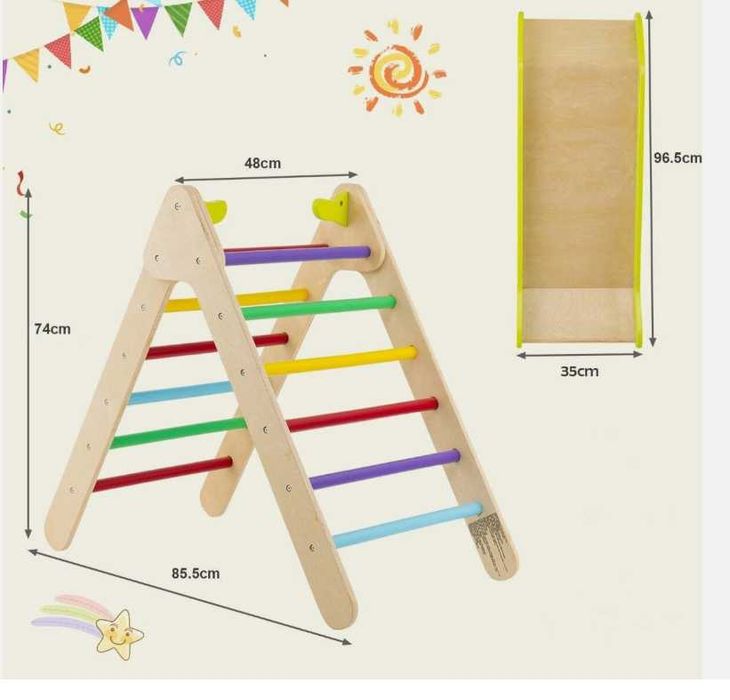 Costway 2 w 1 Drewniany trójkąt wspinaczkowy dla dzieci ze zjeżdżalnią