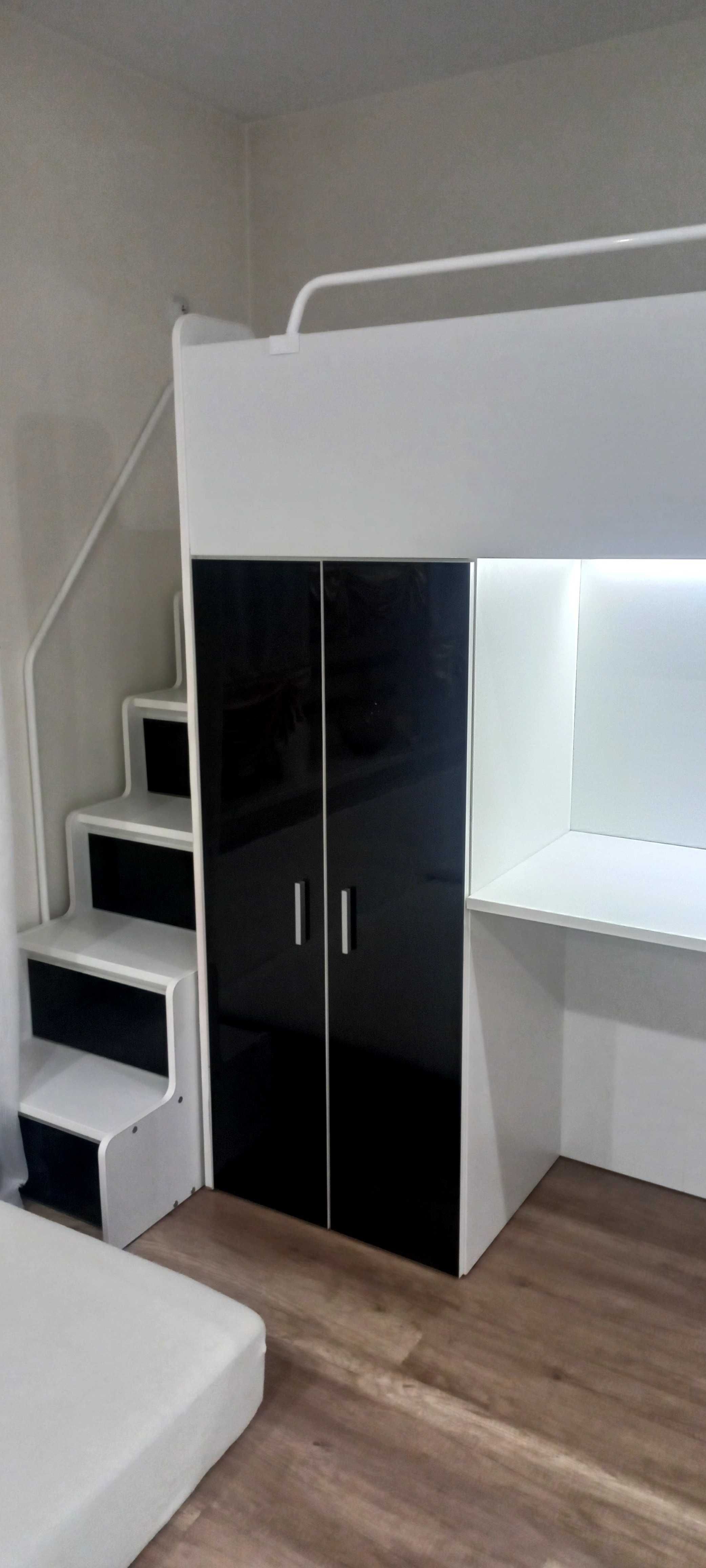 Łóżko piętrowe JSM4 z biurkiem LED i schodami 90x200 Czarny Połysk