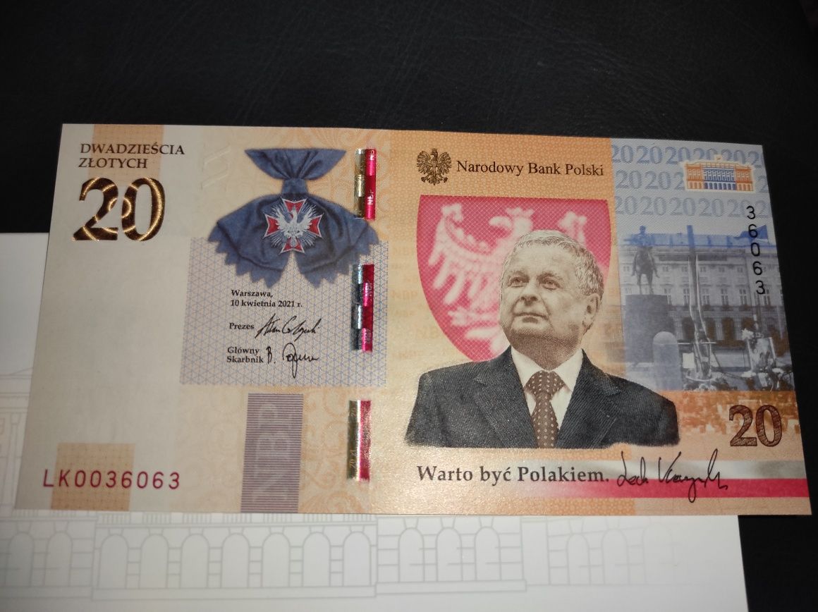 Banknot kolekcjonerski 20 zł Lech Kaczyński i folder