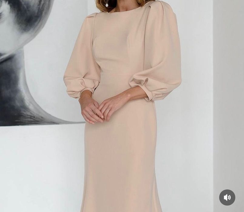 Beżowa midi sukienka kokarda na plecach bufiaste rękawy elegancka 36 S