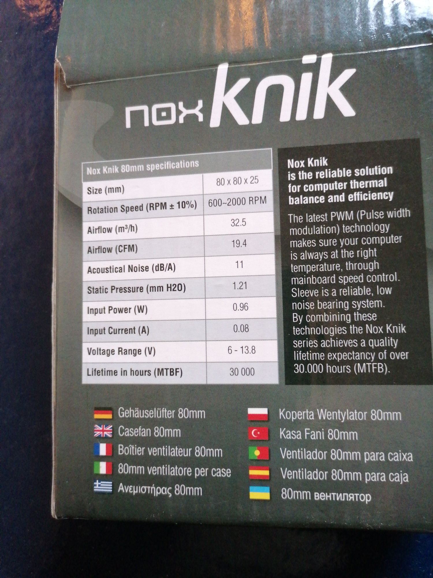 Ventoinha NOX knik 80mm NOVA