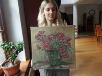 Obraz malowany "Kwiaty Goździki w Wazonie" sygnowany 40x40cm