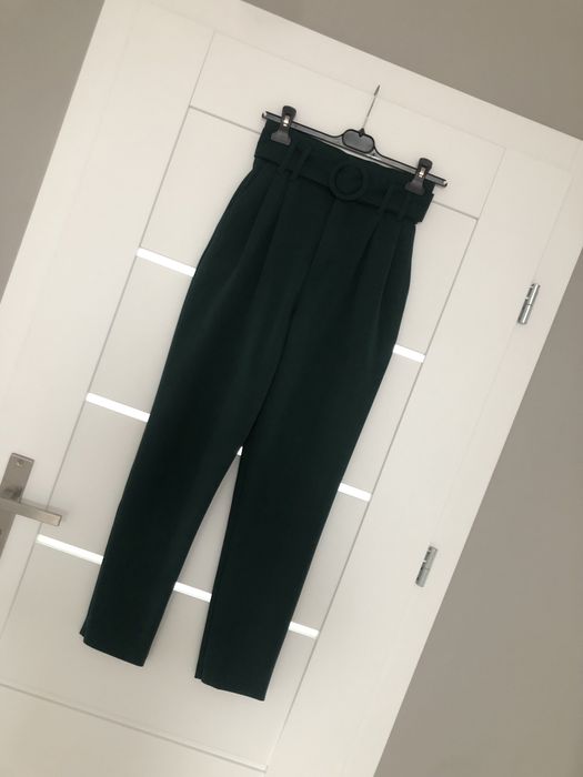 Spodnie Zara xs butelkowa zielen wysoki stan pasek