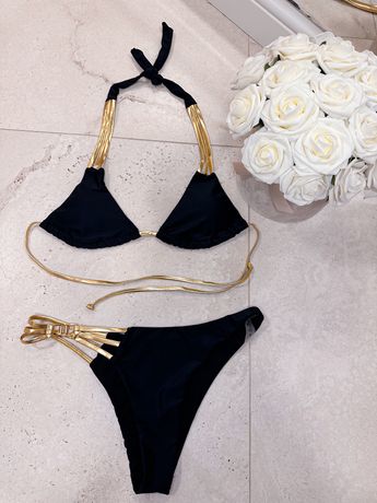 Strój kąpielowy nowy czarny ze złotym bikini m 38