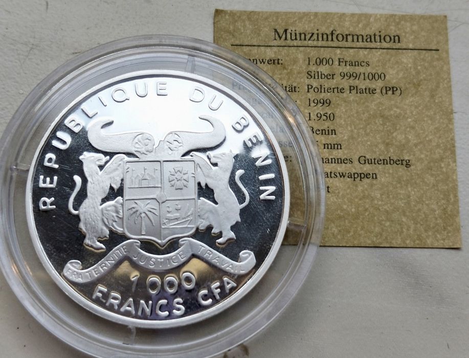 Benin 1000 Franków 1999 r J. Gutenberg srebro 999