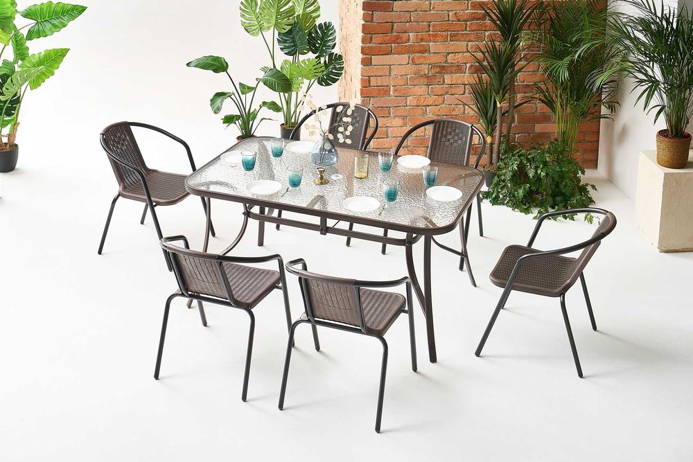 Komplet mebli ogrodowych dla 6 osób stół 150 cm i 6 krzeseł brązowych