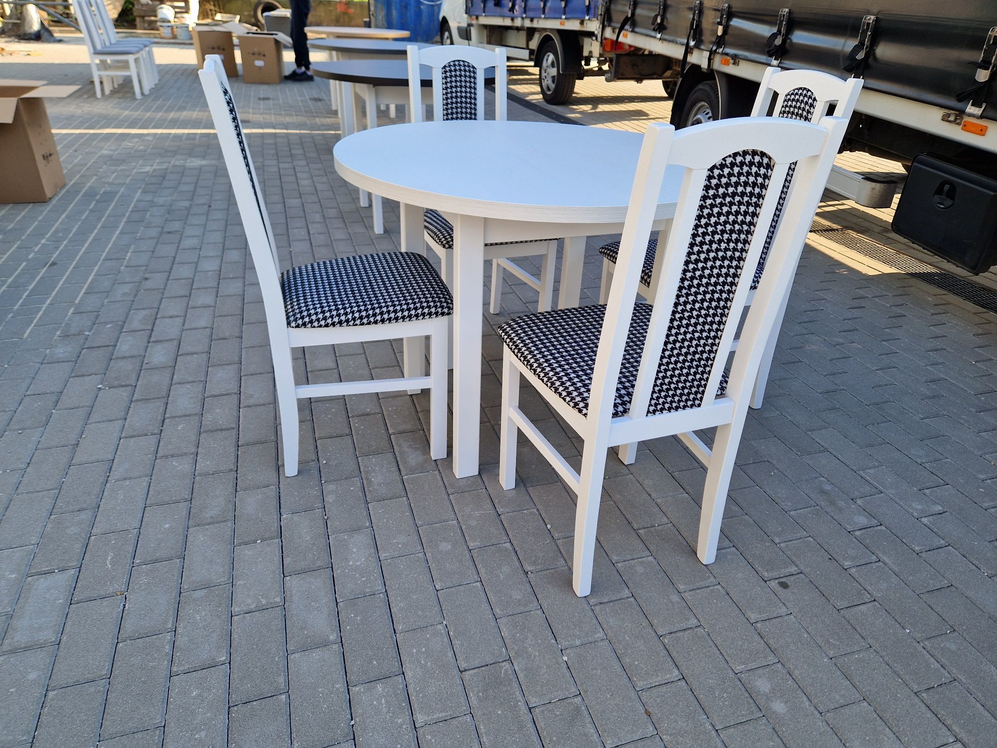 Nowe: Stół okrągły + 4 krzesła, biały + pepitka , transport PL