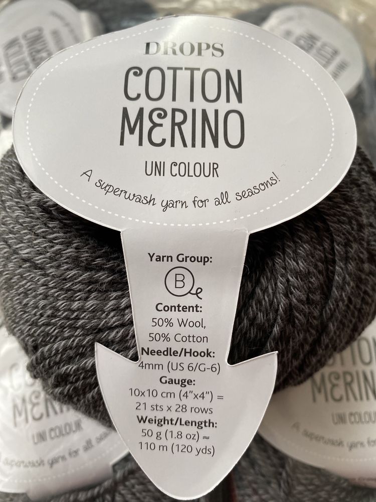 Drops cotton merino włóczka merynos bawełn 9 nowych motków szary 19