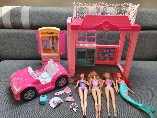 Duży zestaw Barbie domek + samochód + lalki + gratisy