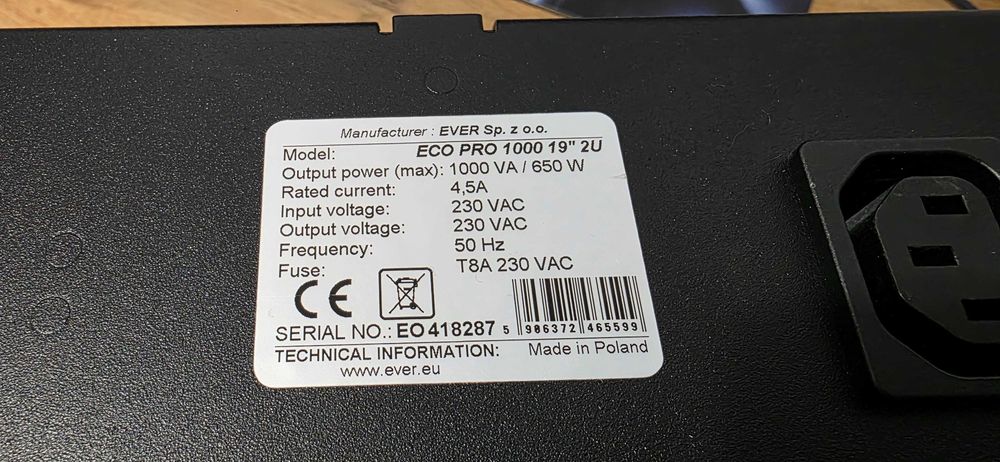 Zasilacz UPS EVER ECO Pro 1000 AVR 1000VA 650W
