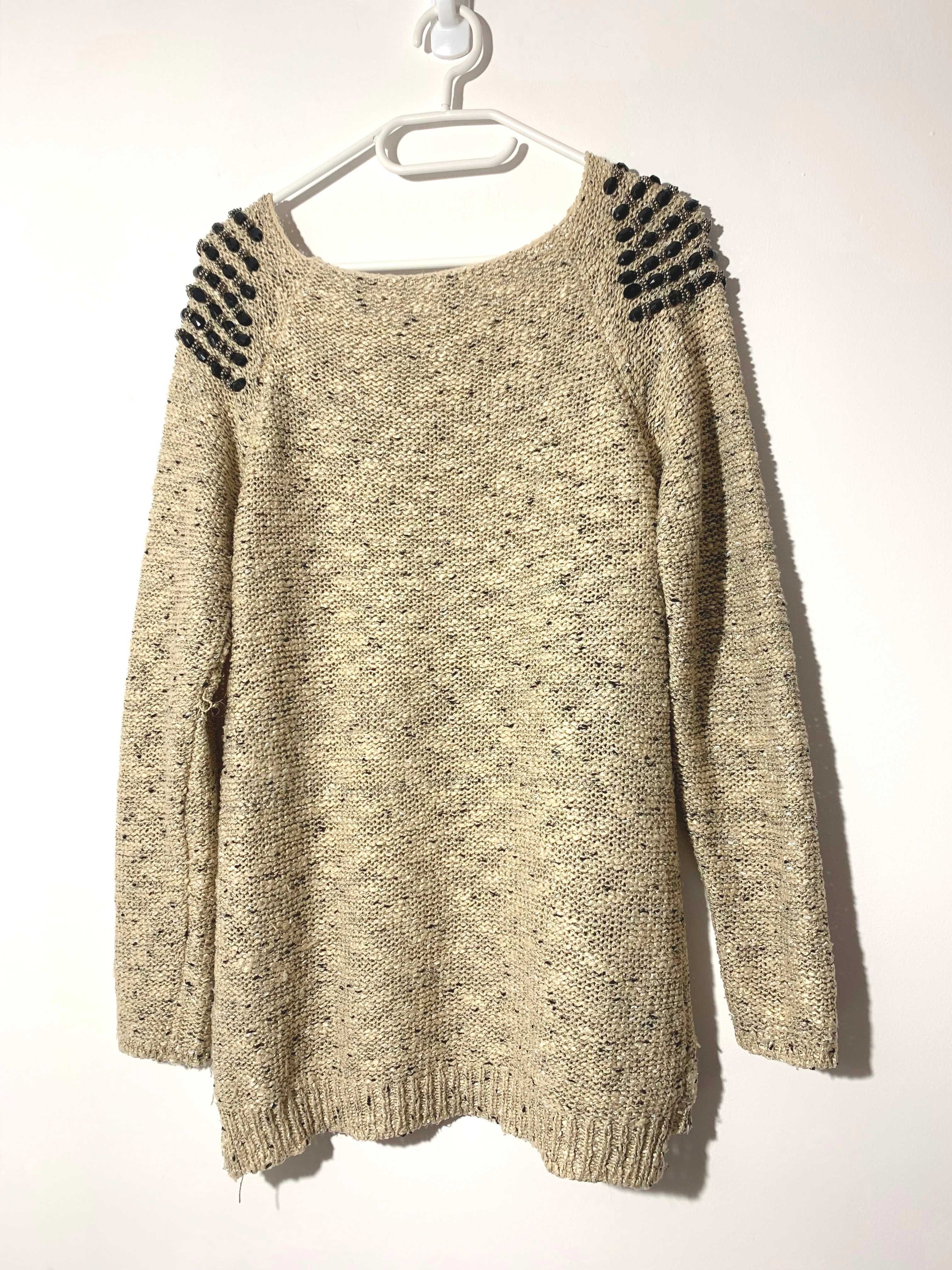 sweter beż nude S M 38 w łódkę z kamieniami koraliki boho hippie etno