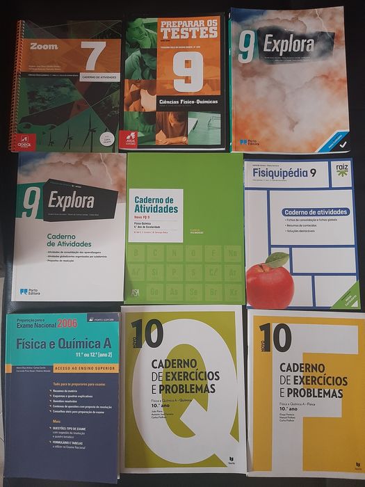 Livros cadernos exercícios problemas física e química 7,8,9 e 10 ano