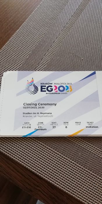 2 x bilet na Ceremonię Zamknięcia Igrzysk Europejskich