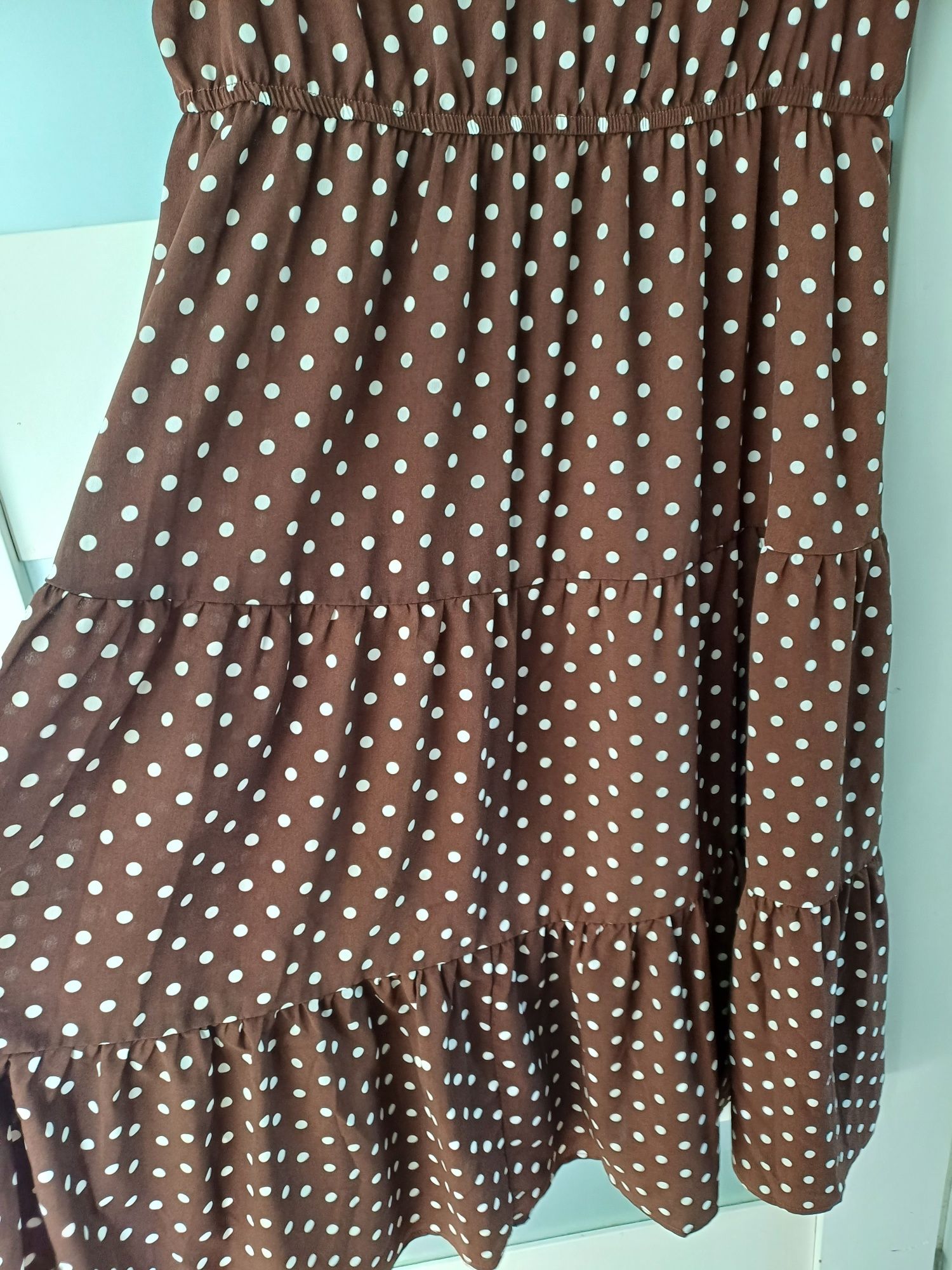 Sukienka XL maxi grochy długa brązowa 44  lato zwiewna plus size