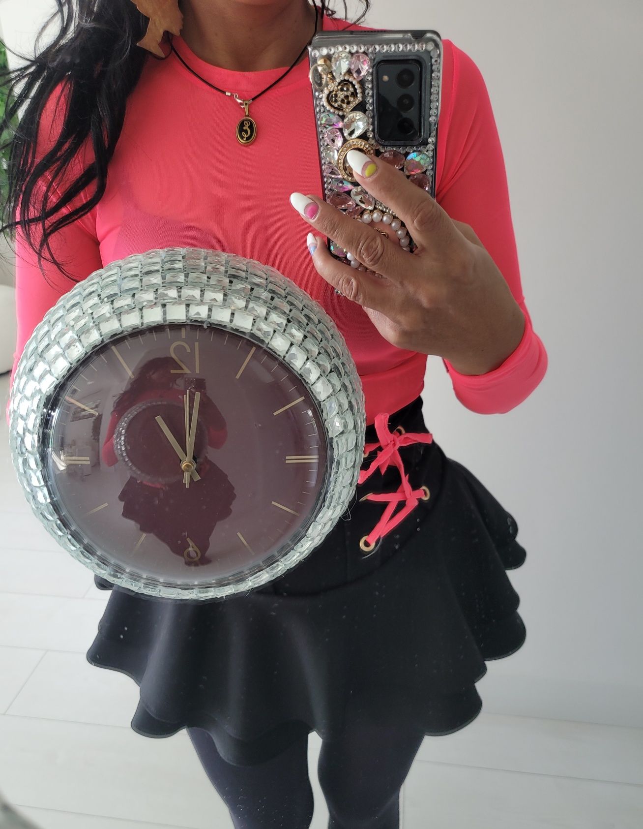 Zegar handmade glamour krysztalki lustro okrągły koło ścienny