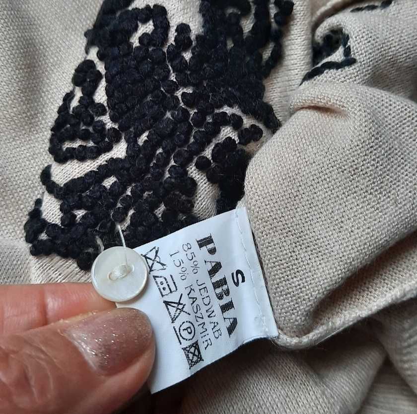 Pabia Jedwab Kaszmir beż czarny print sweter kardigan bluzka S