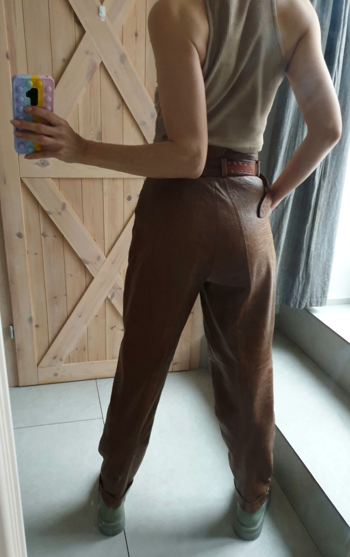 Spodnie brązowe skóra naturalna vintage retro slay fancy Italy