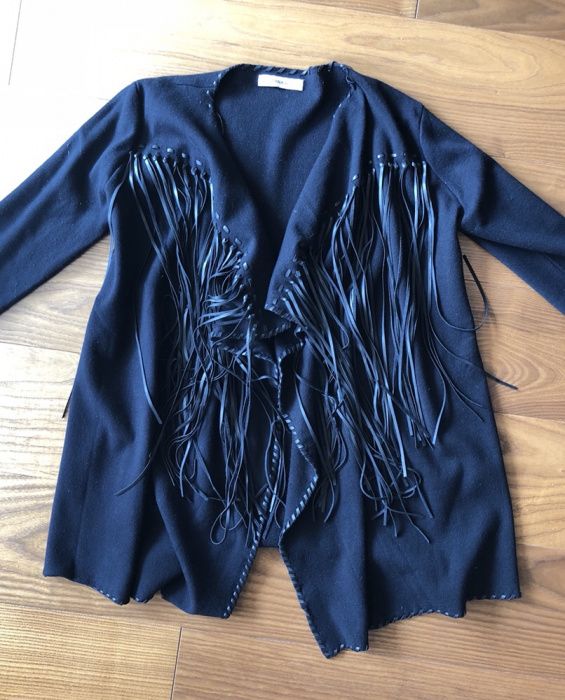 Sweter Zara frędzle skóra r. M kardigan oversize