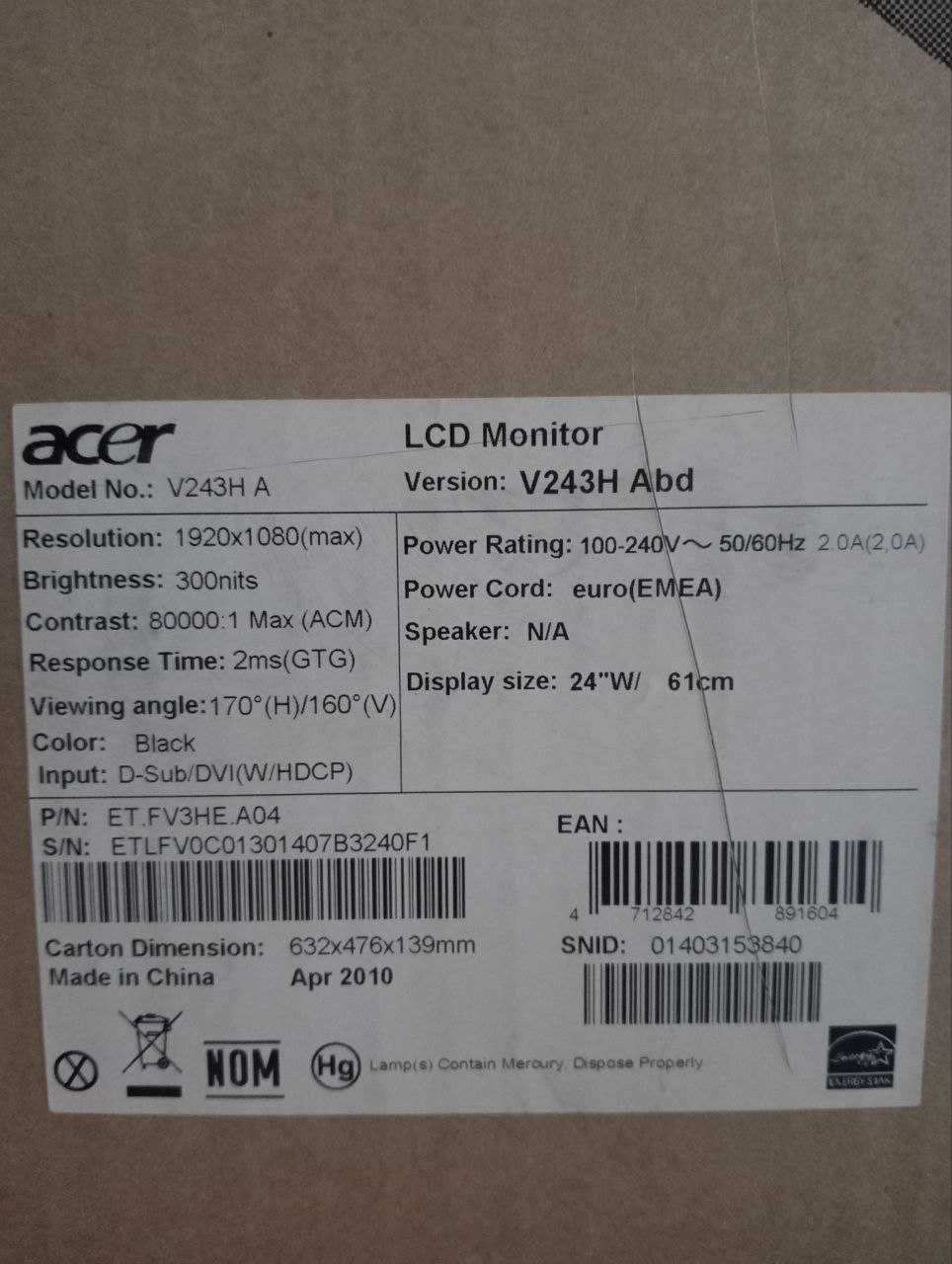 Монитор Acer 24" Разбит На запчасти