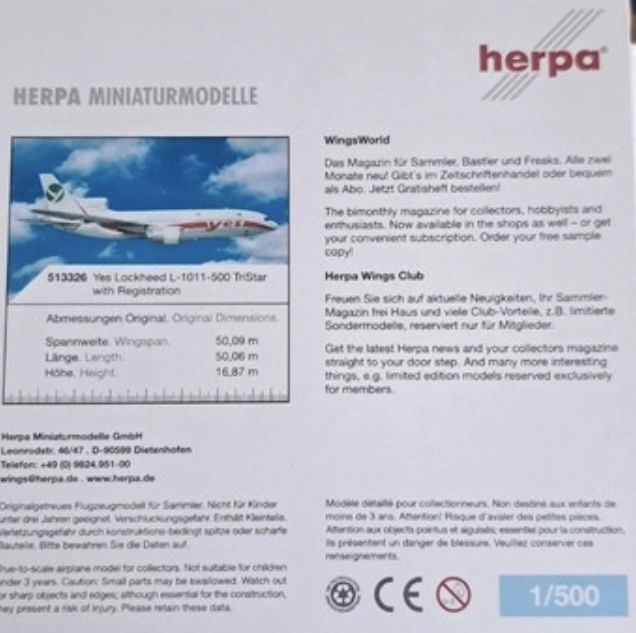 Herpa Lockheed Tristar L-1011 Yes 1 500