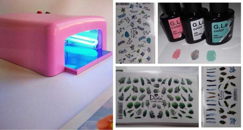 Лампа для маникюра UV Pink Fashion 36Вт +3 ГЕЛь лаки + 3 Наклейки НОВі