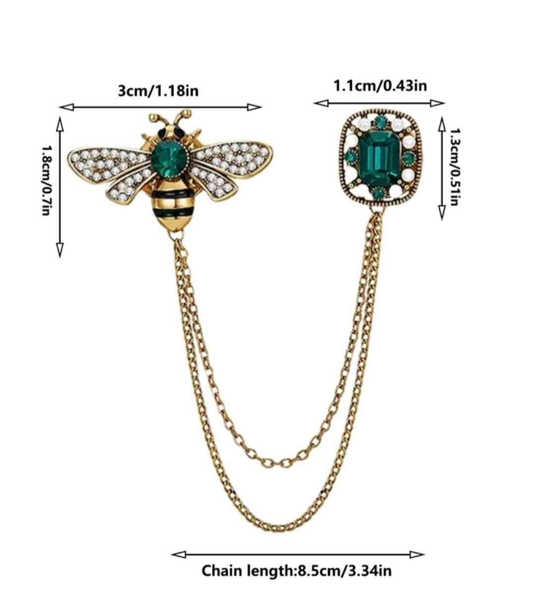 Broszka przypinka pszczółka z kryształkiem i łańcuszkiem