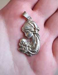 Duża stara srebrna zawieszka matka boska Jezus srebro biżuteria kobiet