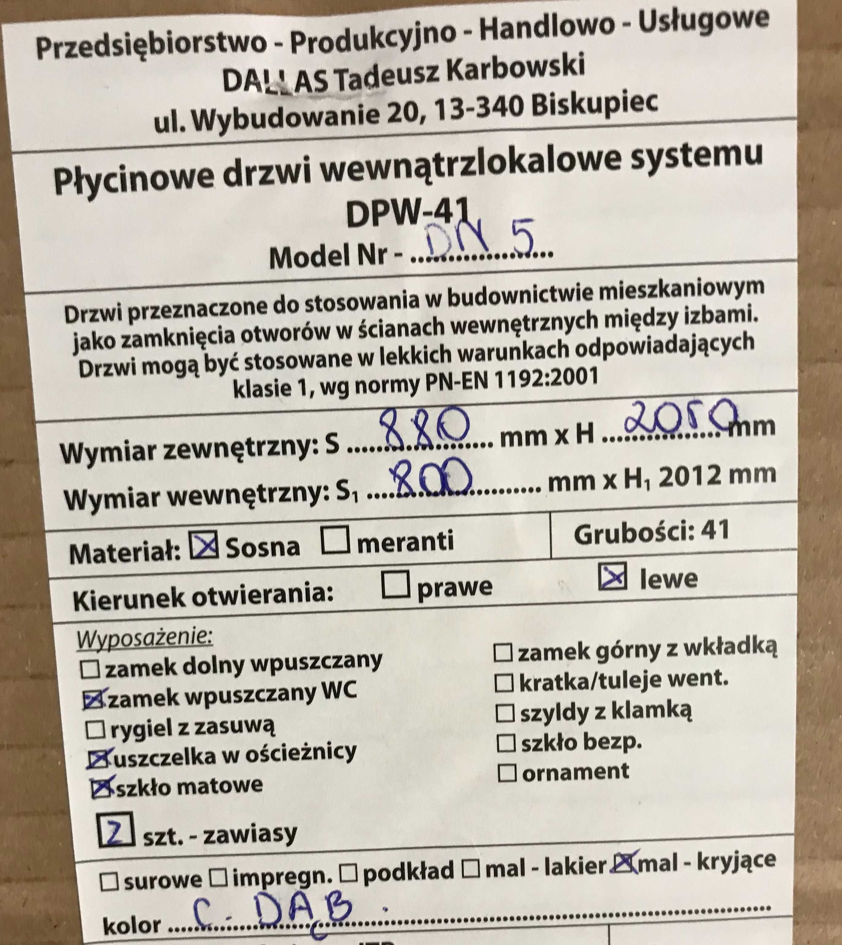 Drzwi drewniane z ościeżnicą regulowaną 80 lewe - nowe