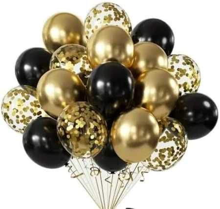 Zestaw balonów złote, czarne, z konfetti 100szt