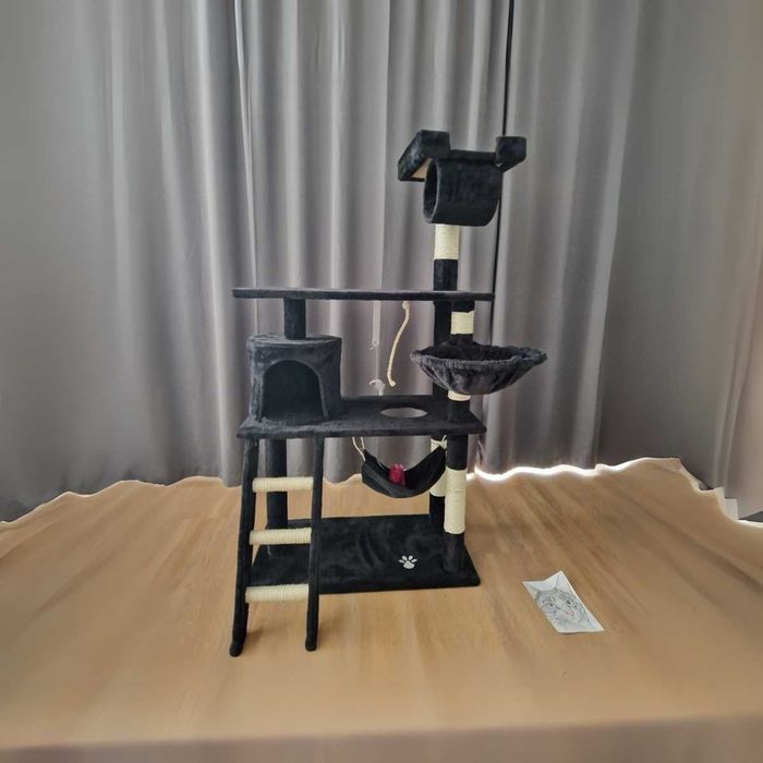 Drapak dla kota DUŻY domek legowisko hamak wieża czarny WYSOKI 141 cm