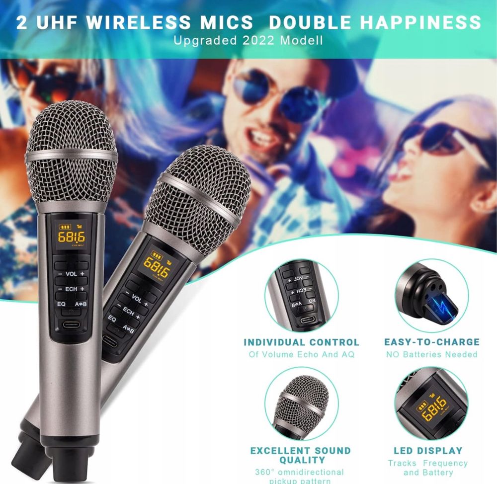 Maszyna karaoke przenośna, Bluetooth, mikrofony