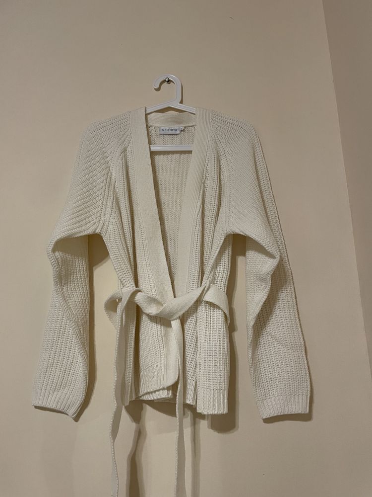Kremowy ecru biały kardigan sweter wiązany 36 S