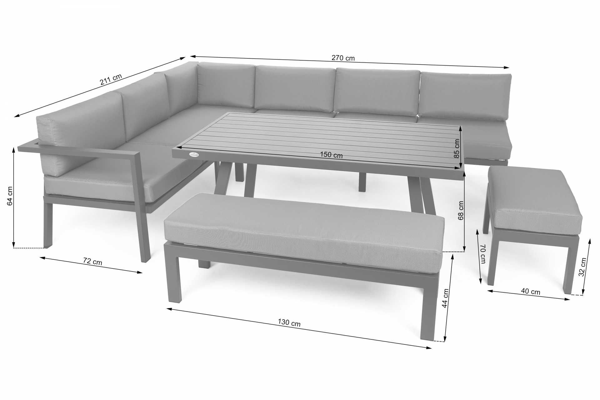 Narożnik ogrodowy aluminiowy Galapagos szary Meble ogrodowe 8-10 osób