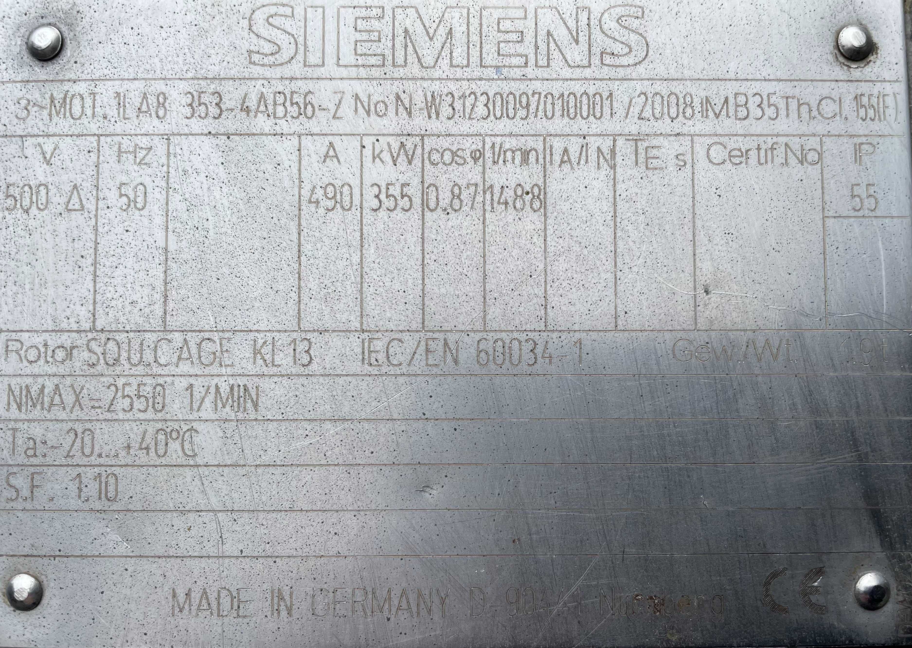 Silnik elektryczny 355 kW 1480 obr SIEMENS 500V