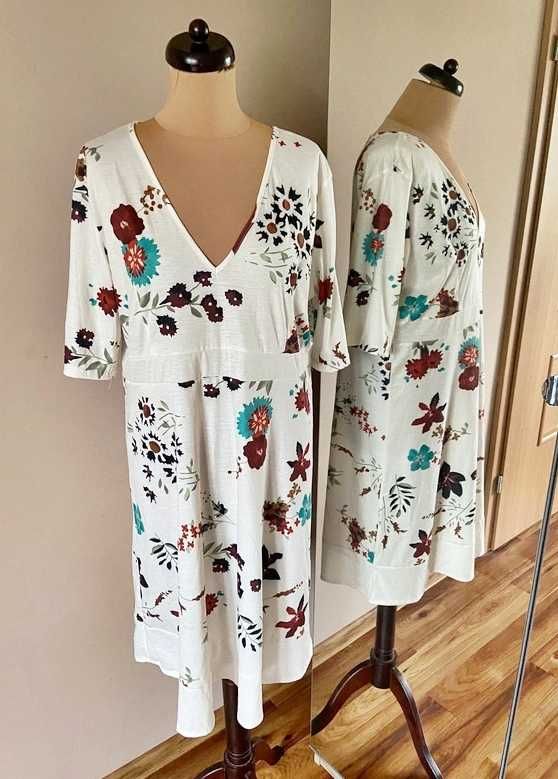 Xxl 44 42 biala sukienka floral modna midi 7/8 plus size +size