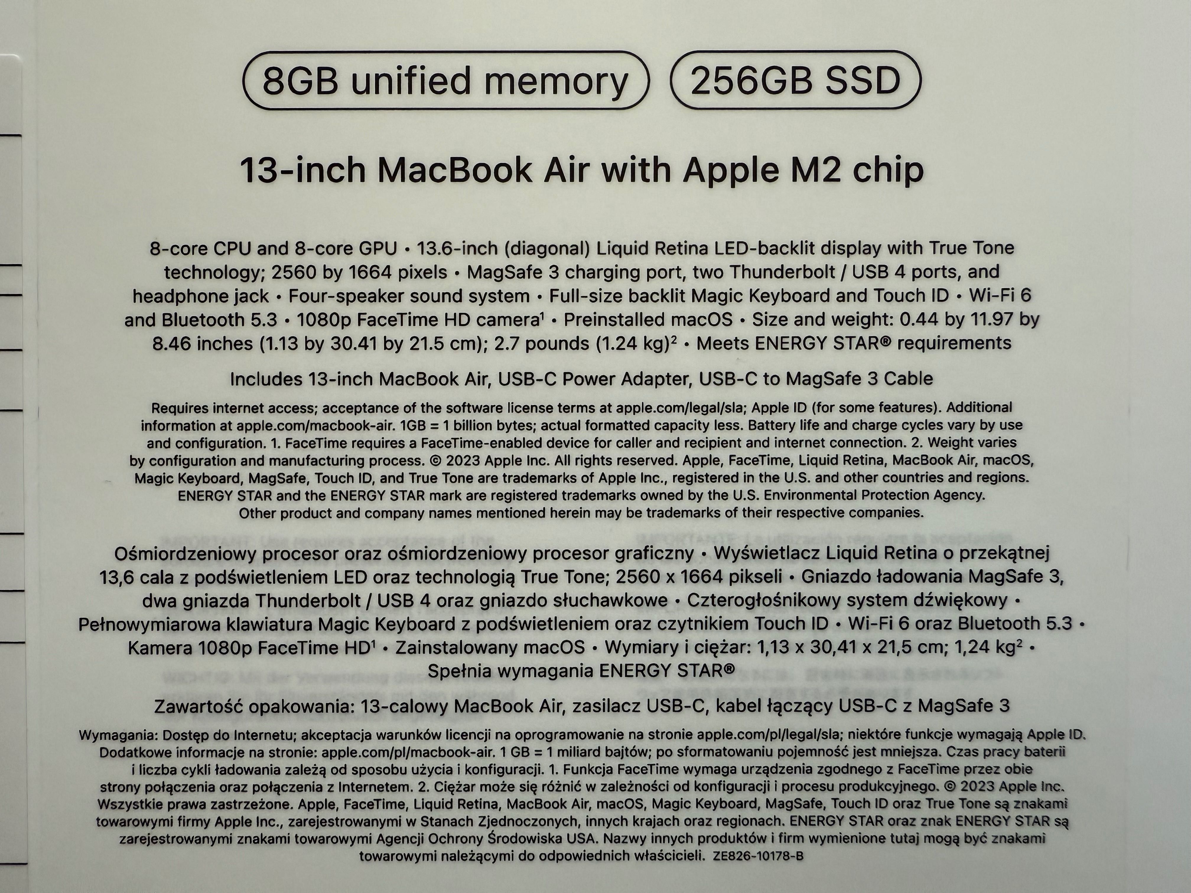 Apple MacBook Air 13 M2/8GB/256GB SSD/INT/macOS Północ - stan idealny