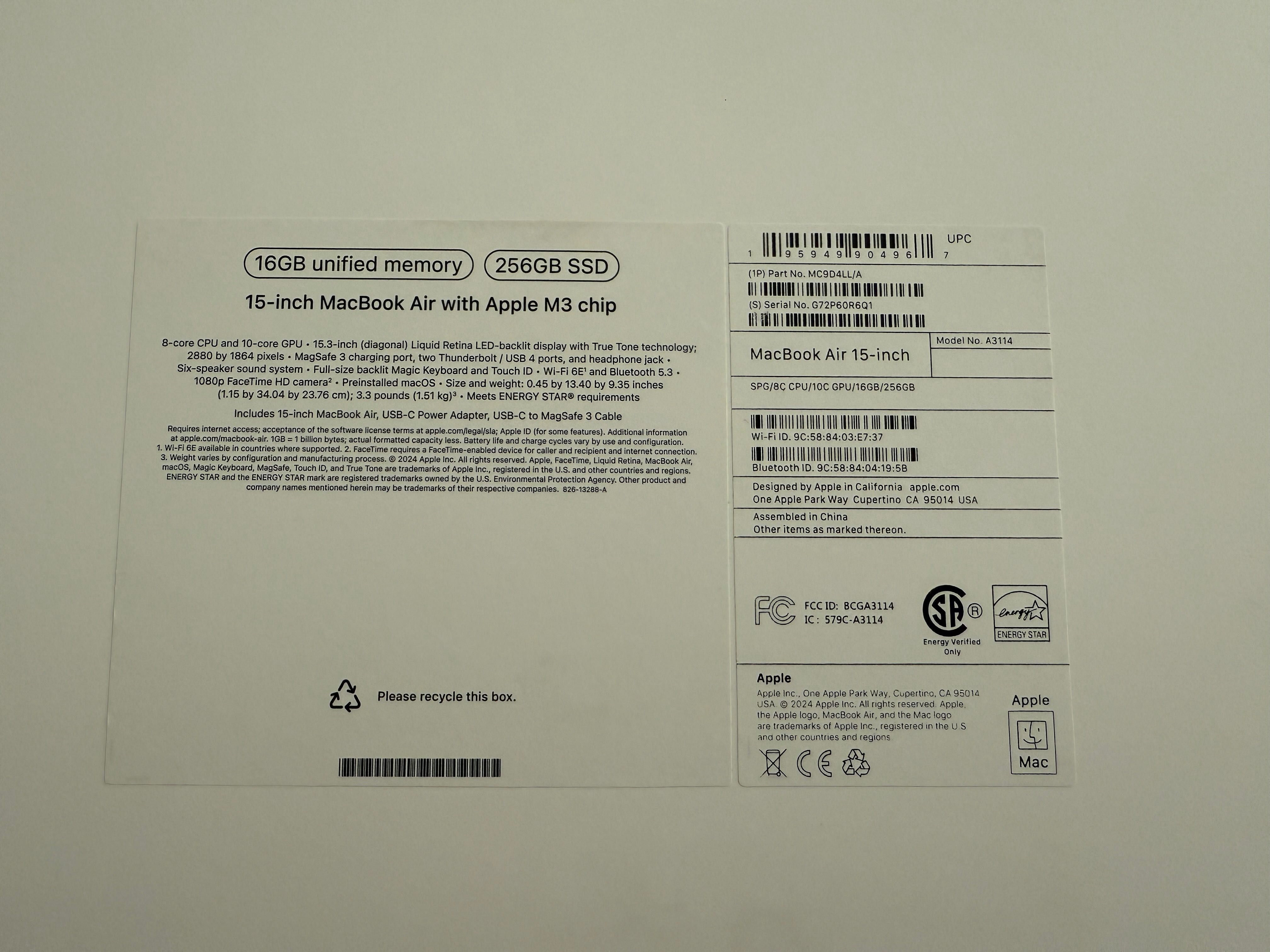 MacBook Air 15 2024 M3 8-Core, GPU 10-Core, 16gb 256gb space grey