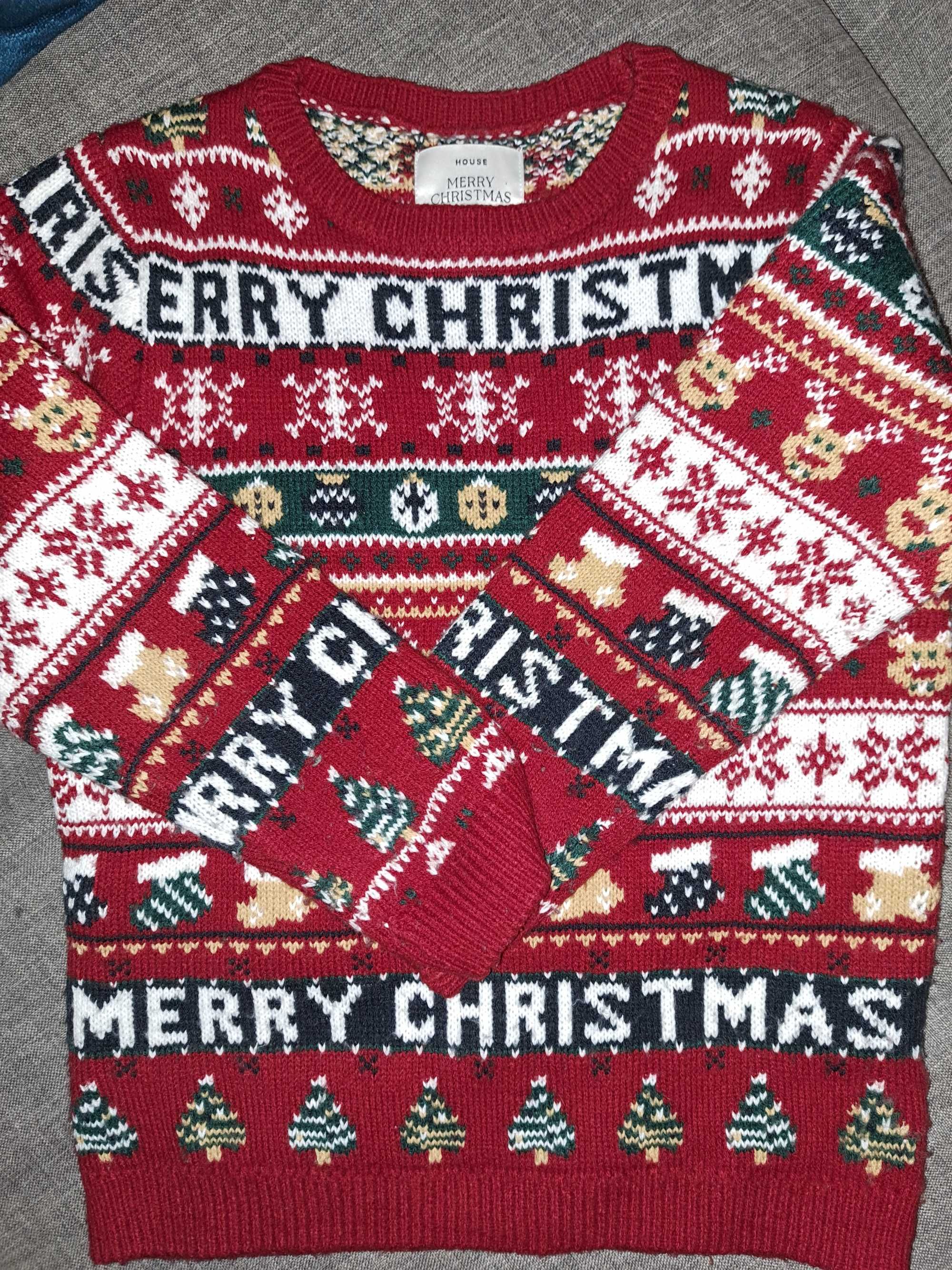 Świąteczny sweter House 122/128 6-8 lat  czerwony pasy Merry Christmas