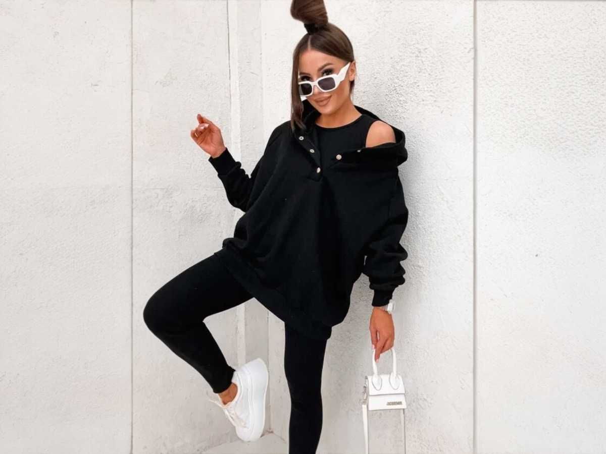 Komplet 3 częściowy dresowy damski czarny legginsy + bluza + top UNI