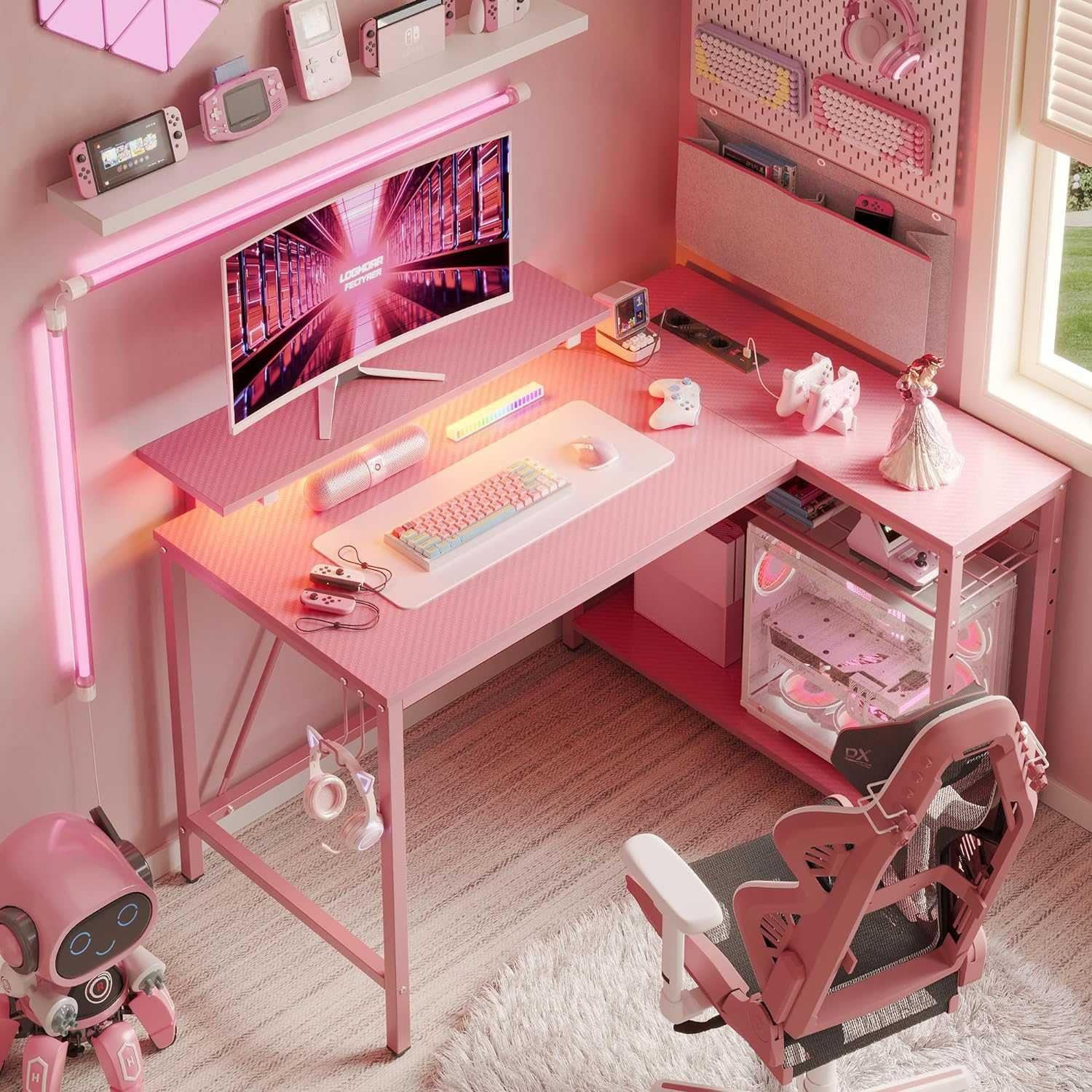 Mesa de gaming fibra de carbono secretária rosa 106x80 com LED /tomada