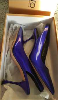 Фиолетовые кожаные слингбэки туфли на каблуке шпильке открытая пятка