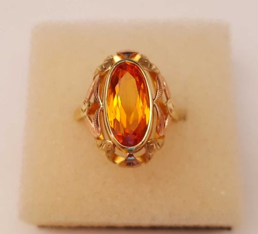 Wyjątkowy pierścionek damski złoto 585 pomarańczowy topaz
