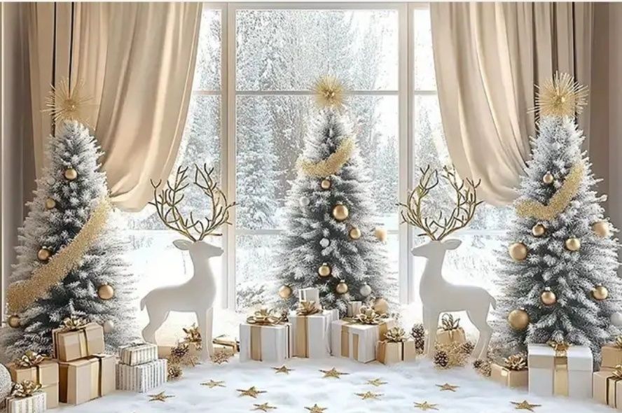 Tło fotograficzne świąteczne okno choinka renifery