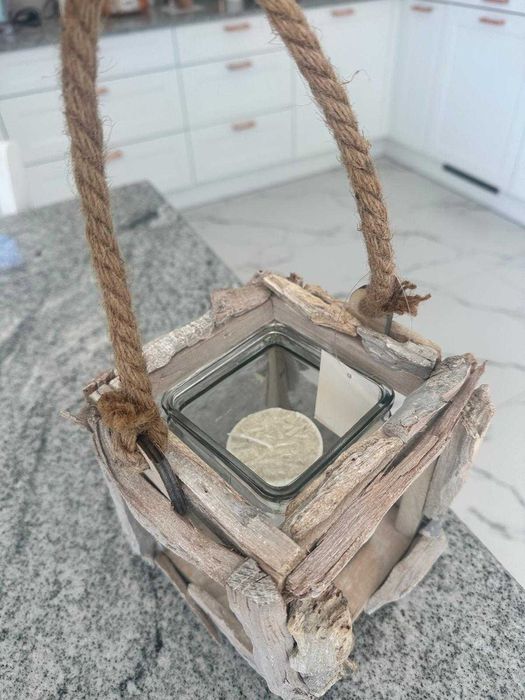 Lampion na świecę świecznik wiszący drewniany szkło NOWY!