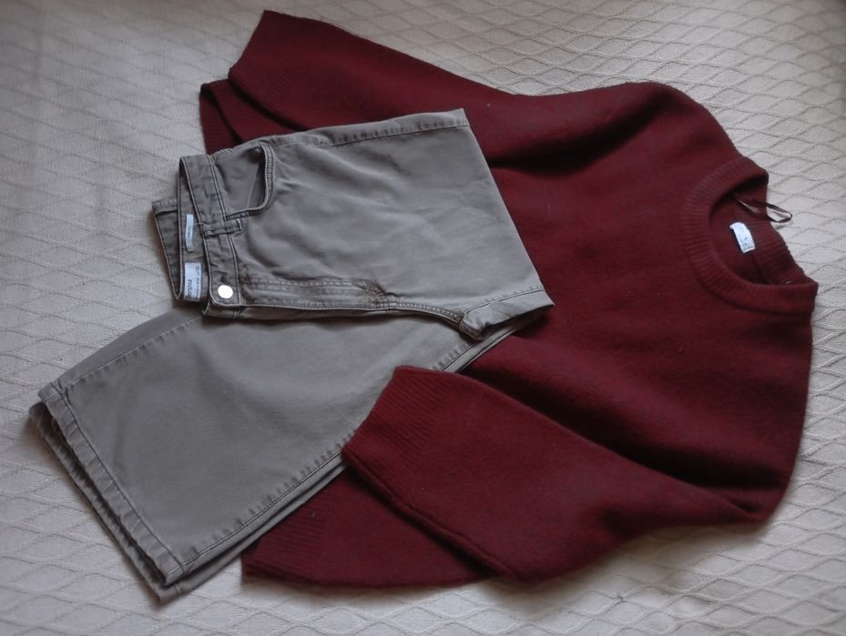 Zestaw na jesień L-XL sweter burgund oversize i dżinsy WIDE LEG taupe